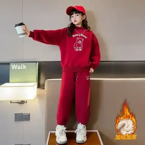 2023 كوريا الخريف الشتاء صغار فتاة 2 قطعة البدلة الرياضية زائد المخملية فتاة مراهقة الكرتون الدب البلوز Sweatpants فتاة 4-12Years