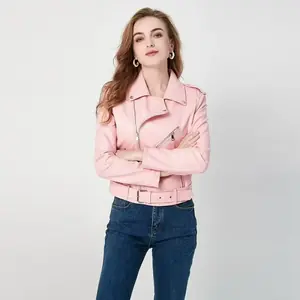 سترة نسائية من جلد البولي يوريثان بقصة ضيقة للدراجات النارية وسحاب مغسول للخريف والشتاء ملابس خارجية غير رسمية بأكمام كاملة