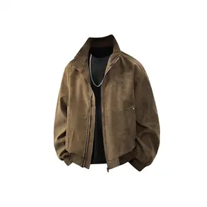 سترة رجالية من جلد الغزال لراكبي الدراجات النارية فضفاضة تناسب الوقوف معطف جلد للخريف موضة ريترو ماركة أمريكية مقاومة للاهتراء بسحاب للإغلاق