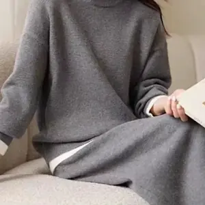 الخريف والشتاء أزياء جديدة الكشمير الخالص دعوى المرأة جولة الرقبة فضفاضة زائد حجم محبوك سترة قطعتين دعوى تنورة