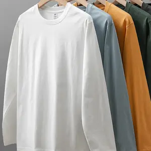 DUKEEN تي شيرت رجالي 260 جرام بأكمام طويلة 2025 ربيعي من القطن الخالص بلون سادة قميص داخلي أساسي برقبة دائرية ملابس علوية فضفاضة للرجال 11 لونًا