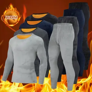 طقم ملابس داخلية دافئة سميكة للرجال للخريف/الشتاء مكون من قطعتين، مخمل مريح مزدوج الجوانب - يمكن ارتداؤه أقل من الصفر