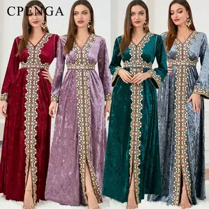 2022 جديد مسلم قفطان المرأة خريف شتاء المخملية رداء فاخر فستان بفتحة عنق على شكل v سيدة كم طويل تطريز ملابس للحفلات عباية دبي