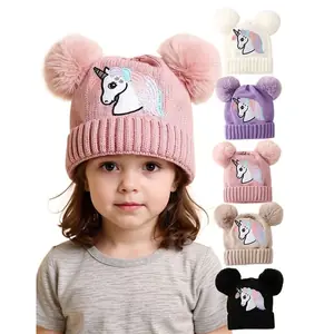الكرتون الحصان محبوك الطفل قبعة للفتيات الفتيان الشتاء بوم بوم قبعة كروية للأطفال في الهواء الطلق الدافئة الأطفال القبعات الرضع بيني قبعة