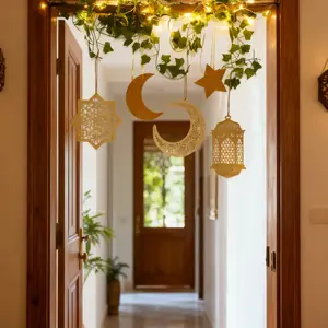 ديكور مدخل رمضان، فانوس نجمة القمر الذهبي، حلي معلقة مع سلسلة LED، مهرجان العيد الإسلامي، هدايا حفلات مدخل المنزل