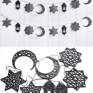 علم سحب رمضان مع فانوس قمر على شكل نجمة خشبية سوداء، زينة لافتة عيد الفطر، زخرفة معلقة، عيد رمضان المبارك السعيد