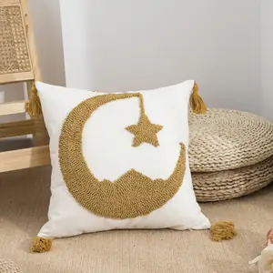غطاء وسادة بنمط نجمة وقمر باللونين الأصفر والأبيض لغرفة المعيشة وغرفة النوم والسيارة - غطاء وسادة مزخرف عالمي