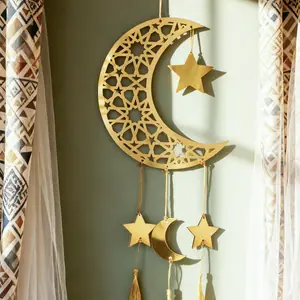 ديكور حائط خشبي لعيد رمضان مبارك، زخارف معلقة بشرابة على شكل نجمة القمر من الأكريليك الذهبي كهدية للحفلات المنزلية الإسلامية