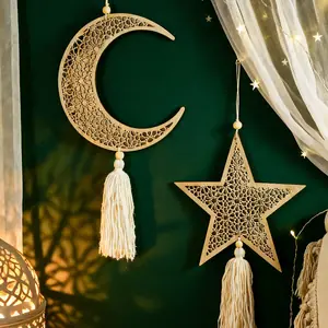 رمضان خشبية معلقة الحلي القمر والنجمة شبكة مجوفة جدار ديكور الإسلامي عيد مبارك مسلم ديكور، هدية رمضان كريم