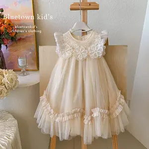 فستان صيفي 2025 للفتيات بأكمام طائرة، نسخة كورية شبكية زهور ثلاثية الأبعاد، تنورة منفوشة لأعياد الميلاد