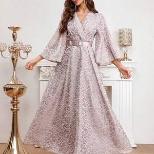 فساتين TOLEEN 2024 الفاخرة الأنيقة للحفلات العربية المسائية الطويلة للنساء صيفية مطبوعة بالكامل بأكمام مضيئة وحزام الخصر