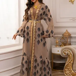 فستان سهرة كاكي مزين بالترتر في دبي على شكل حرف A بأكمام طويلة من قطعتين ملابس نسائية شحن سريع فستان حفلات الرقص