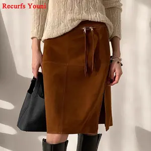 تنورة نسائية لخريف 2025 من جلد الغنم والجلد المدبوغ تنورة نسائية ريترو ميلارد سبليت ضيقة على شكل قلم رصاص Jupe Mujer أوبورن ميدي Faldas