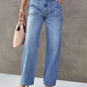 جينز نسائي أزرق فاتح واسع الساق مستقيم الساق - بنطال جينز أنيق ومريح للأزياء بدون جهد