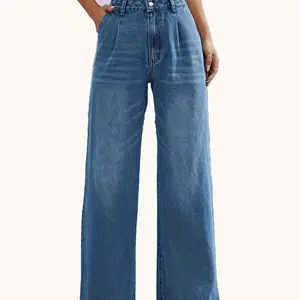 جينز نسائي جديد عبر الحدود على الطراز الأوروبي والأمريكي بلون سادة سروال نسائي مستقيم واسع الساق غير رسمي يناسب الجميع