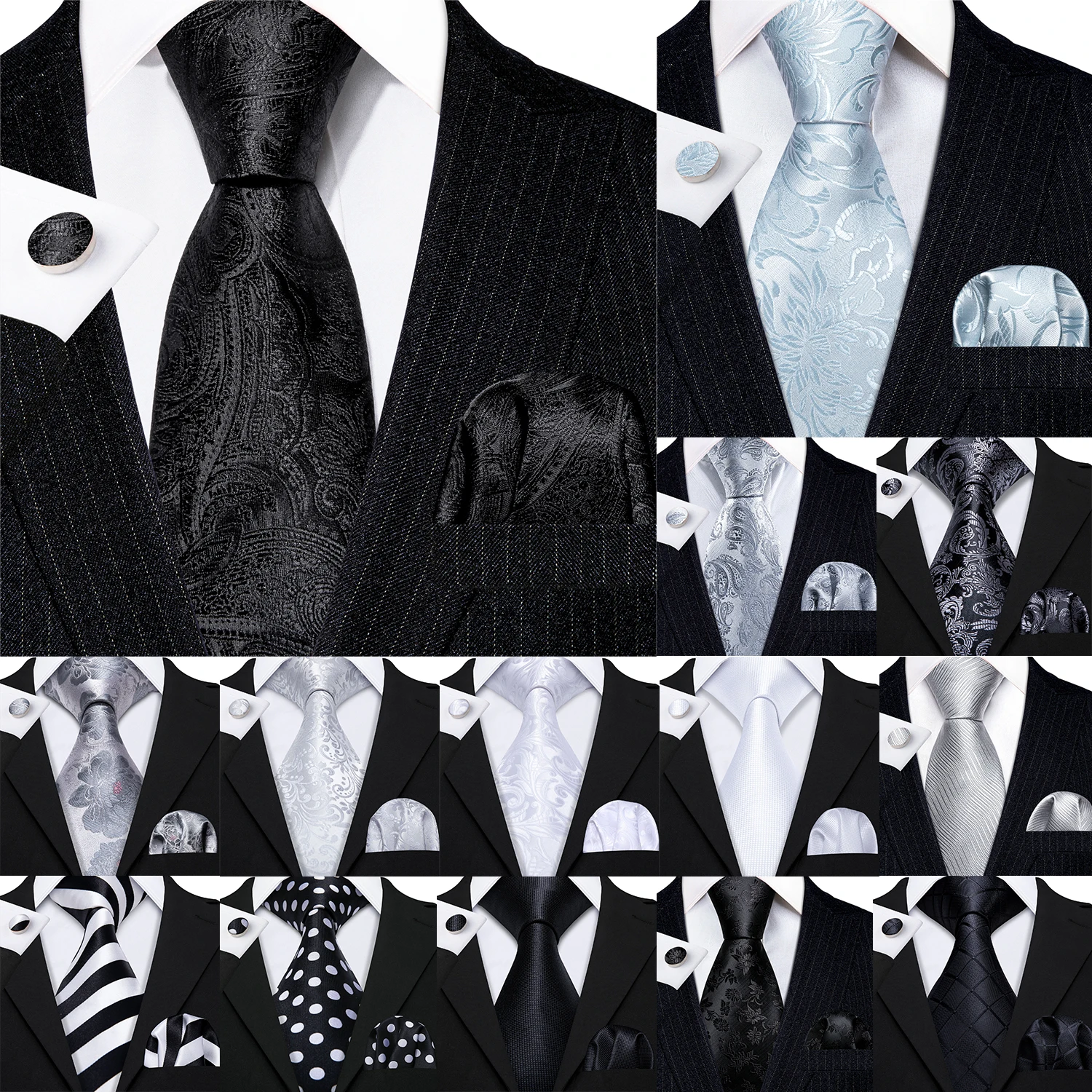 Barry.Wang Black White Gray Silver Silk Mens Tie Pocket Sqaure Cufflinks Set Jacquard Necktie For Male Wedding Business Party