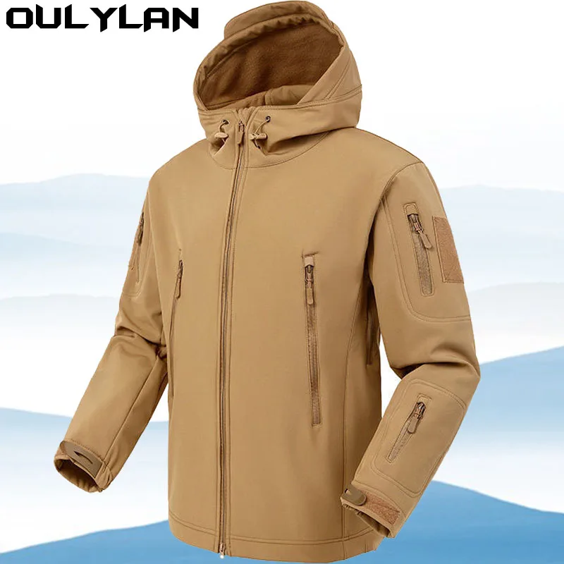 Oulylan ميلاري القرش الجلد لينة شل سترة الرجال التكتيكية يندبروف سترة مضادة للماء الرجال القتالية السترات رجالي مقنعين معاطف