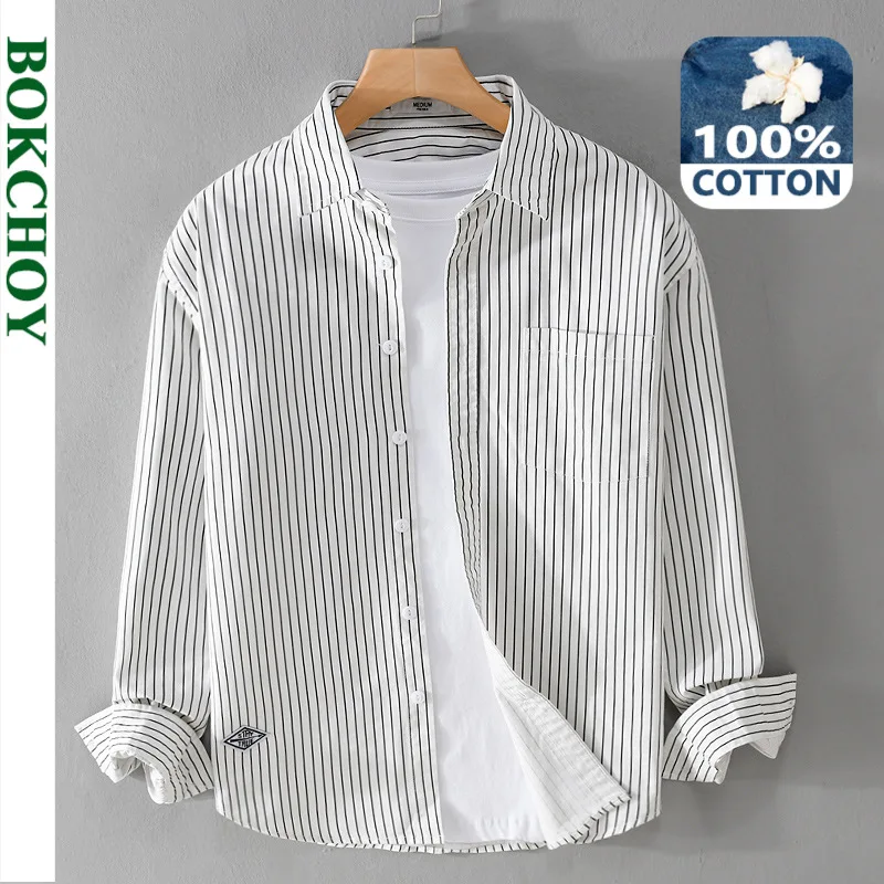 Spring Autumn New Cargo Striped Long Sleeve Shirts for Men Clothing 100% Cotton Casual Soft Streetwear FY9678